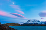 Fototapeta Krajobraz - The Torres del Paine National Park sunset view. Torres del Paine is a national park encompassing mountains, glaciers, lakes, and rivers in southern Patagonia, Chile.