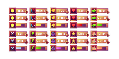 Wall Mural - big set of old wooden game ui progress bar and additional panel template for gui asset elements