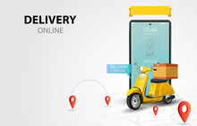 Online Delivery Service By Scooter. Shopping Website On A Mobile. Food Order Concept. Web Banner, App Template. Illustration
