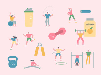 Wall Mural - People are exercising. There are small and simple characters of people and exercise equipment. flat design style minimal vector illustration.