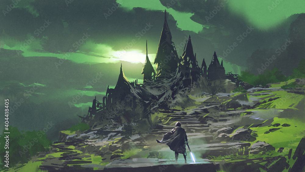 man looking at the mysterious abandoned castle with a green sky in the background, digital art style, illustration painting - obrazy, fototapety, plakaty 