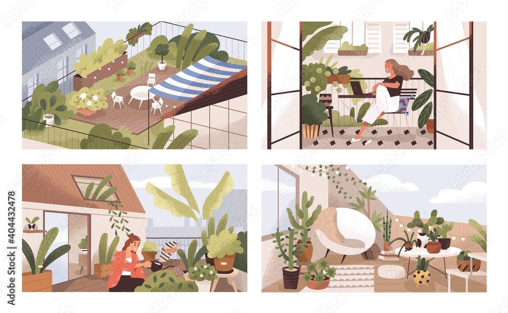 Set of gardens at terraces, balconies and roofs with plants and furniture. Modern cozy eco-style home interiors with greenery, tables and chairs. Colorful flat textured vector illustration - obrazy, fototapety, plakaty 