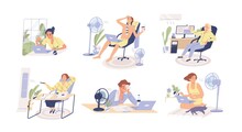 People Working In Heat, Using Air Conditioner And Fan At Home And In The Office. Overheating And Exhaustion. Workplace Conditioning. Flat Vector Cartoon Illustration Isolated On White Background