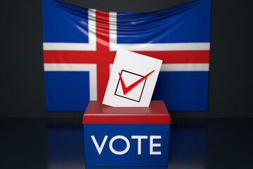 Canvas Print - 3d illustration of a ballot box or ballot box, into which a ballot bill falls from above, with the Iceland national flag in the background. Voting and choice concept