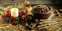 Kutia. Traditional Ukrainian Christmas Ceremonial Grain Dish With Honey, Raisins And Poppy Seeds. Christmas Sweet Dishes In Ukraine, Belarus And Poland. Banner, Menu, Recipe