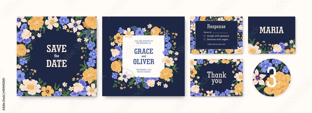 Set of wedding invitation cards and labels with flowers. Floral elegant save the date templates with delphiniums, irises, clematis, peonies and roses. Colorful flat vector illustration - obrazy, fototapety, plakaty 