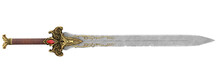 Fantasy Golden Sword With Long Blade On Isolated White Background. 3d Illustration