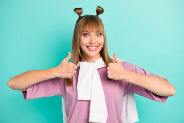 Sticker - Photo of young girl happy positive smile show thumb-up ad cool perfect advice tight jumper isolated over turquoise color background