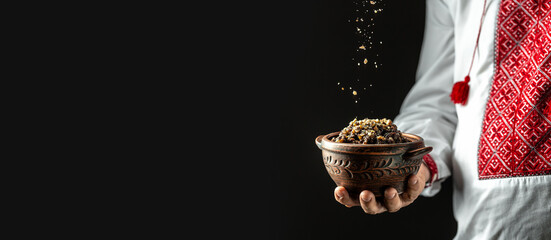 kutya, hand pours nuts. Christmas Slovenian food. Christmas slavic dish kutia porridge made of wheat grains, poppy seed, nuts, raisins and honey