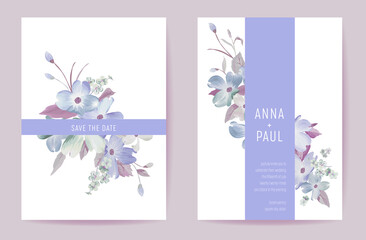 Wall Mural - Wedding invitation spring pastel flowers. Floral watercolor blooming card minimal template vector