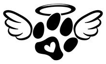 Dog Or Cat Footprint Angel With Wings, Gloria, Bone And Footprints, Paws. - Hand Drawn Positive Tattoo. Modern Brush Design. Memory Ink. Love Your Dog. Inspirational Vector Graphic. 