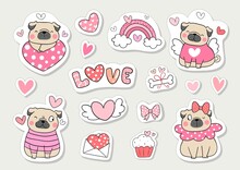 Draw Collection Stickers Pug Dog For Valentine.