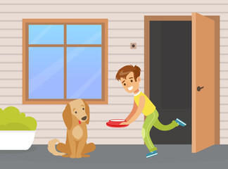 Sticker - Cute Little Boy Feeding his Pet Dog Cartoon Vector Illustration