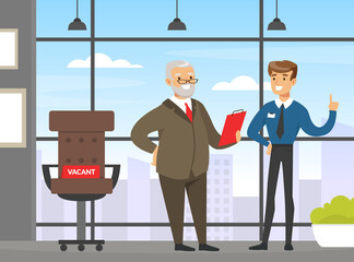 Sticker - Business Executive Talking with Employee in Office Interior, Business People Characters Discussing Project, Leadership and Productive Management Flat Vector Illustration