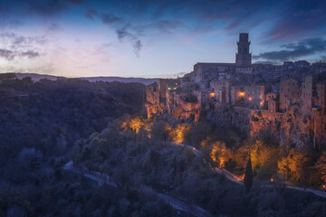 Wall Mural - Tuscany, Pitigliano medieval village at blue hour. Italy