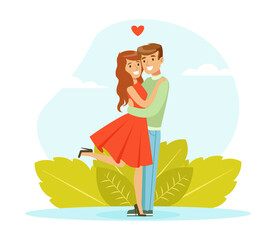 Sticker - Young Couple Walking in Park, Man and Woman Hugging and Kissing on Romantic Date Outdoors in City Park Cartoon Vector Illustration