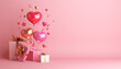 Happy valentines day decoration with gift box, heart shape balloon, 3D rendering illustration	