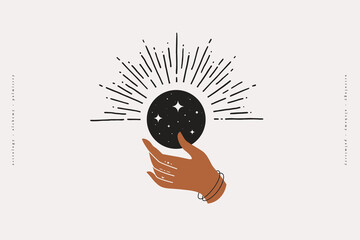 Poster - The woman's hand holds a shimmering moon. Magic vector illustration in trendy minimal style. Mystical symbols for spiritual practices, ethnic magic, and astrological rites.