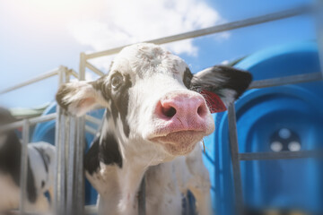 Young funny calf looks at camera on dairy farm, selective focus on pink nose, agriculture and cattle breeding.