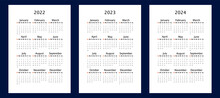 Yearly Calendar For 2022 2023 2024 Years, Vertical A4 Format, Week Starts Sunday. Annual Calendar Template For Business And Office. Small Letter Size Wall Calendar. Annual Planner With Blank Frame