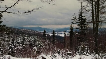Poster - Aerial footage of Beskidy Mountains in early winter scenery, Poland.