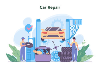 Car service. People repair car using professional tool. Idea of auto