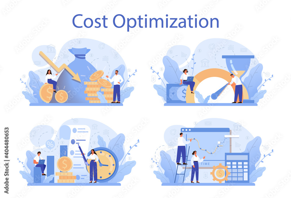 Cost optimization concept set. Idea of financial and marketing strategy - obrazy, fototapety, plakaty 