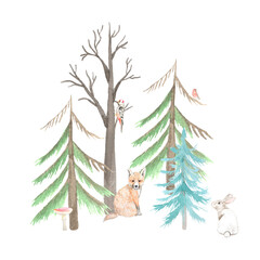 Watercolor forest composition with animals. Perfect for printing, web, textile design, souvenirs and many other creative ideas.