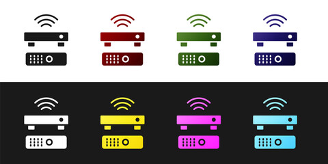 Sticker - Set Wireless multimedia and TV box receiver and player with remote controller icon isolated on black and white background. Vector.