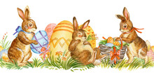 Seamless Watercolor Border With Cute Easter Rabbits