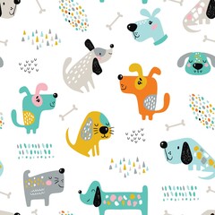 Childish seamless pattern with funny dogs. Creative texture in scandinavian style. Great for fabric, textile Vector Illustration