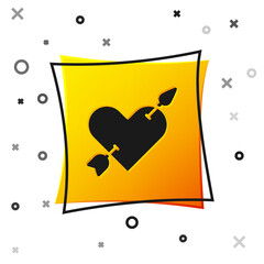 Poster - Black Amour symbol with heart and arrow icon isolated on white background. Love sign. Valentines symbol. Yellow square button. Vector.