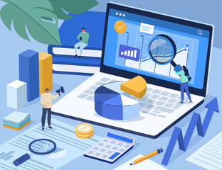 People Analyzing Data and filling Documents for Tax Calculation. Characters Preparing Finance Report with Graph Charts. Accounting and Financial Management Concept. Flat Cartoon Vector Illustration.