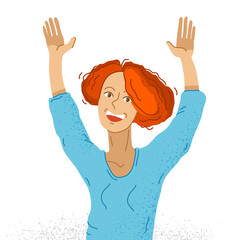 Young adorable happy woman raised hands up hello I am here vector illustration isolated, smiling girl shows gesture to attract an attention.