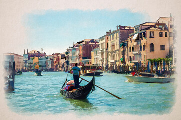 Wall Mural - Watercolor drawing of Venice: gondolier and tourists on gondola traditional boat sailing on water of Grand Canal waterway with Venetian architecture