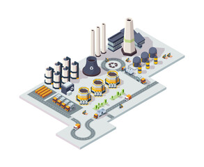 Wall Mural - Recycling garbage factory. Industrial chemical plant architectural set vector lowpoly 3d isometric buildings. Illustration isometric recycling, polluted and industrial service