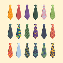 Ties Collection. Colorful Business Scarf For Man Garish Vector Different Ties Set. Professional Necktie Formal, Tie Neck Textile Collection Illustration