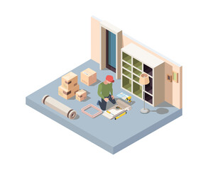 Sticker - Interior furniture craft. Men assembly new desk or wooden wardrobe in room renovation home interior installing appliance garish vector Isometric carpentry worker, repair and fixing illustration