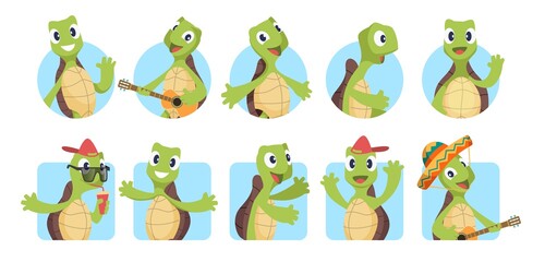 Poster - Cartoon turtles avatars. Greetings animal, turtle say hello. Cute portfolio image, funny kids vector stickers set. Animal turtle, tortoise cheerful illustration