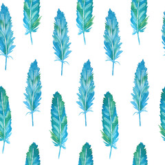 Naklejka na meble Watercolor seamless hand drawn pattern with blue green turquoise feathers. Aquamarine boho background for textile wallpapers. Romantic sketch retro wedding illustration.