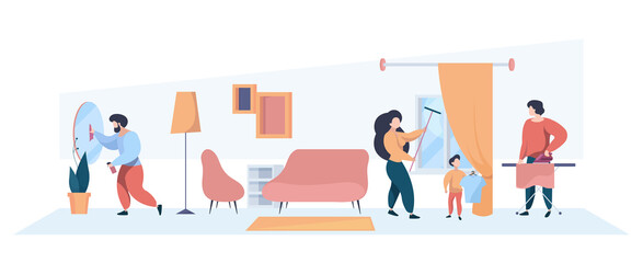 Sticker - Family cleaning home interior. Mother father and kids washing room children helping parents garish vector person. Housework family, domestic cleaning illustration