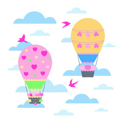  Cute romantic air balloons illustration with clouds and birds. Kids decoration. Travel, adventure concept. St Valentines symbol.