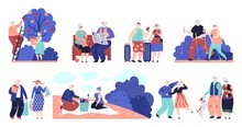 Elderly People. Seniors Outdoor, Old Person Walking Dog. Man Woman Fun Activities, Sport And Shopping, Grandparents Travel Vector Characters. Illustration Senior Active Lifestyle, Characters Together