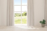 Fototapeta Panele - White empty room with summer landscape in window. Scandinavian interior design. 3D illustration
