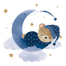Watercolor Hand Draw Illustration Brown Teddy Bear Sleeping On The Moon; Greeting Cards, Invitations, Baby Shower, Posters; With White Isolated Background