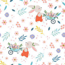 Little Gardener With Spring Flowers Seamless Pattern Design, Kids Fashion Artworks, Wallpapers, Prints.