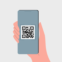 Wall Mural - QR code scan with smartphone in a hand. Mobile phone scanner app for payment concept. Vector illustration.