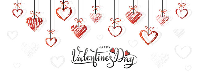 Wall Mural - Valentine Day poster with calligraphy and hearts on white background. Greeting card template.