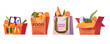 © klyaksun - Shopping bags, supermarket basket and box with grocery. Vector cartoon set of paper and cotton bags with fruits, vegetables, milk and bread. Delivery products from market in reusable eco package
