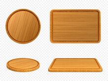 Wooden Pizza And Cutting Boards Top Or Front View. Trays Of Round And Rectangular Shapes, Natural, Eco-friendly Kitchen Utensils Made Of Wood Isolated On White Background, Realistic 3d Vector Set